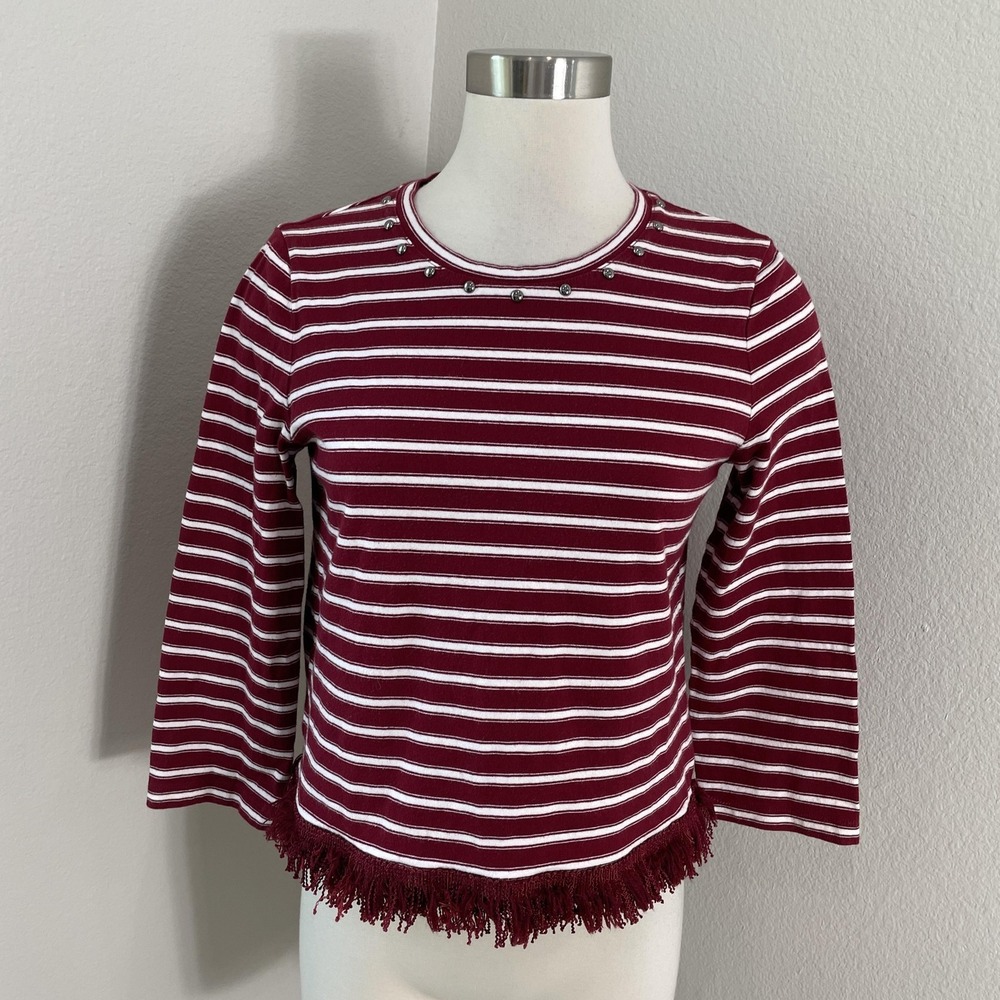 Kate Spade New York Shirt Womens Medium Red Stripe Studded Fringe 3/4 Sleeve Top